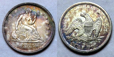 1855 Seated Liberty Quarter__high AU / near BU__rainbow toning Cover