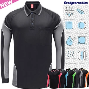 Mens Polo Shirts Long Sleeve chest pocket Black Aqua Pink Blue Office Team Golf - Picture 1 of 64