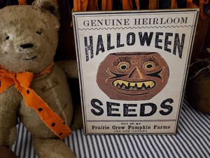 OLD RETRO FOLK PRIMITIVE VINTAGE STYLE HALLOWEEN PRAIRIE CROW PUMPKIN SEEDS SIGN - Picture 1 of 12