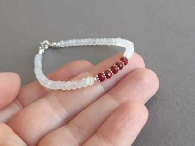 Natural Red Ruby & Moonstone 2 Multi Faceted Rondelle Gemstone Beads Bracelet 7" - Image 1 of 4