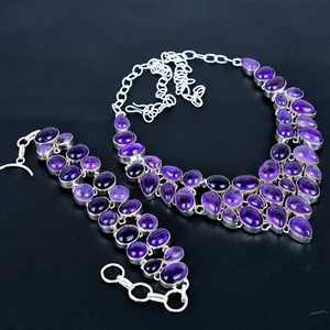Amethyst Gemstone Ethnic Handmade Big Necklace+Bracelet Jewelry KK-003 - Picture 1 of 5