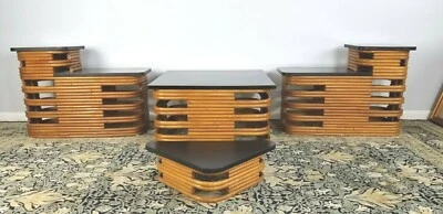 4 Piece Art Deco Paul Frankl End Tables Rare Black Lacquer Top Bamboo 1940's - Image 1 of 4