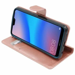 Coque Huawei P20 Lite Etui Portefeuille Housse PU Cuir Porte-Cartes Or Rose Gold - Photo 1 sur 4