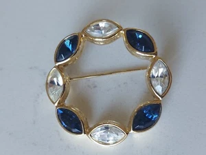 Vintage Brooch Blue & Clear Marquise Gems Circle Ring Gold Tone 1.5" - Picture 1 of 8