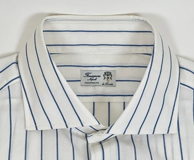CAMISA DE VESTIR FINAMORE NAPOLI BLANCA/AZUL A RAYAS CUELLO EXTENDIDO PUÑO BARRIL ~ A MEDIDA Foto 1 de 4
