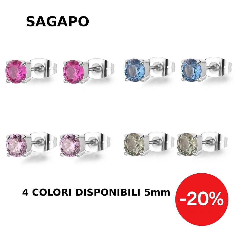 Orecchini Donna Punto Luce Acciaio Zircone Colorati 5mm Sagapo Gioielli - Immagine 1 di 3