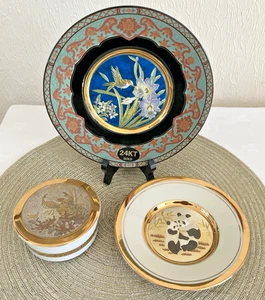 Lot 3 Japanese Art of Chokin 24kt Gold Plates & Box – Panda, Dragon, Hummingbird - Picture 1 of 4