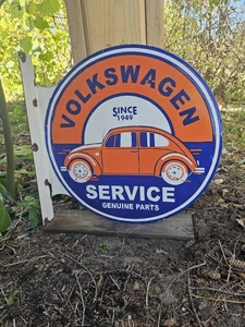 RARE VINTAGE PORCELAIN DOUBLE-SIDED VOLKSWAGEN SERVICE FLANGE SIGN 17" X 17" - Picture 1 of 9