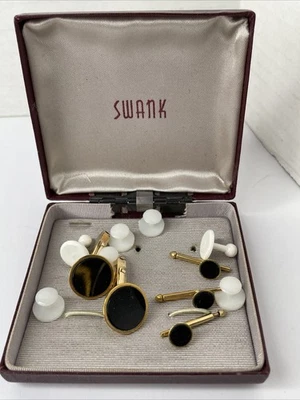 Juego de gemelos vintage Swank negro ónix tono dorado botones tachuelas gemelos Foto 1 de 4