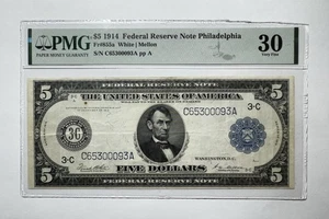 1914 $5 Federal Reserve Note, Philadelphia Fr. 855a PMG 30 - Picture 1 of 2