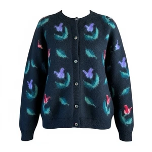 Maglione vintage bambino peruviano alpaca taglia S/M nero con fiori tulipano cardigan - Foto 1 di 24