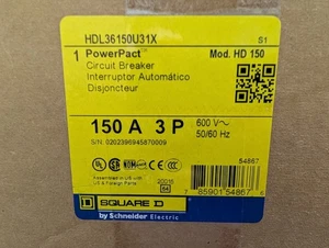 🤪 SQUARE D 150 AMP POWERPACT CIRCUIT BREAKER 600 VAC 3 POLE HDL36150U31X - Picture 1 of 4
