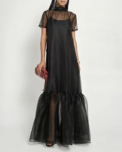Vestido de organza transparente negro cuello alto boda dama de honor noche y baby shower fiesta - Imagen 1 de 3
