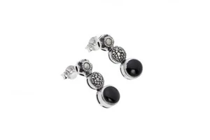 Plata de Ley Marcasita Y Onix Pendientes - Imagen 1 de 1