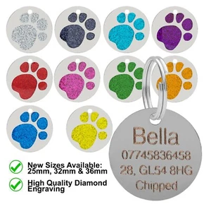 Dog Cat Pet ID Tag Glitter Collar ID Tags Personalised Engraved Round Paw Print - Picture 1 of 21