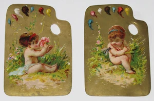 VTG VICTORIAN TRADE CARD LOT of 2 PAINTER PALETTE CHILDREN CHERUB NO ADVERTISING - Picture 1 of 5