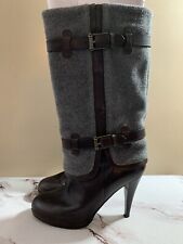 Cole Haan Air Kennedy Brown Leather Gray Wool Felt High Heel Boots 8.5 B