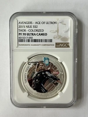 2015 NIUE $2 Thor Marvel Avengers Age of Ultron NGC PF70 Silver Coin Colorized - Image 1 of 2