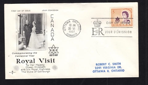 Canada #471  (1967 Royal Visit)  Rosecraft cachet FDC addressed - typed Cover