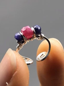 Fine Silver Handcrafted Ear Cuffs Genuine Ruby + Sapphire E11 - Picture 1 of 6