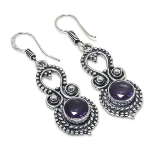 Purple Amethyst Gemstone Handmade 925 Sterling Silver Jewelry Earring Size 1.90" - Picture 1 of 1