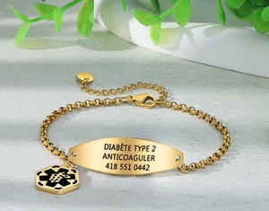 Custom Engraved Gold Medical ID Alert Bracelet Stainless Steel Rhodium Plated - Picture 1 of 5