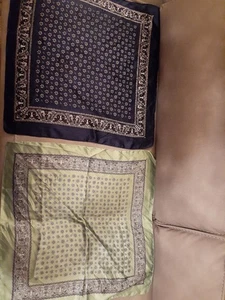 Silk Blue Geometric & Green Floral Bandana Scarf 20" Square - Picture 1 of 6