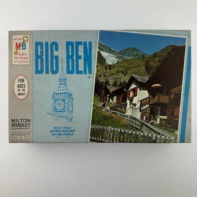 Rompecabezas vintage 1965 Alpine Chalets Saas-Fee Suiza MB Big Ben sellado Foto 1 de 4