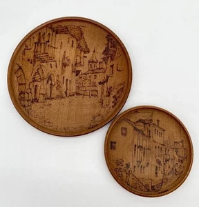2 Wood Burning Etched Wooden Venice Town Decorative Plate Wall Hanging Signed - Picture 1 of 8