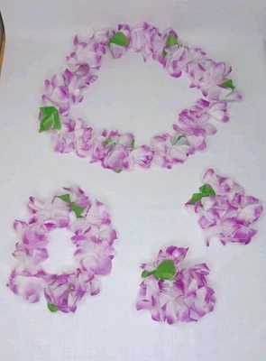 Conjunto de pulseras corona collar lei hawaiano púrpura y blanco Foto 1 de 4