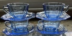 4 VTG Depression Cobalt Blue Tea Cup w/ Saucer Sets Madrid By Indiana Glass - Picture 1 of 4