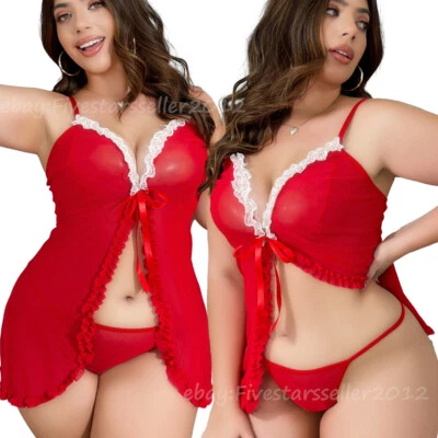 Christmas Lingerie Plus Size Lace Santa Babydoll Sexy Xmas Sleepwear Dress Gifts - Image 1 of 4
