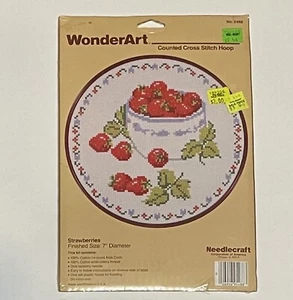 VTG WonderArt Strawberries Counted Cross Stitch Hoop Kit 7" Diameter Made in USA - Photo 1/2
