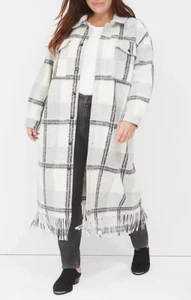 NEU LANE BRYANT CREME GRAU KARIERT FRANSENBESATZ LONG SHACKET JACKE MANTEL GR. 22/24 - Bild 1 von 7