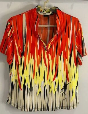 Jamie Sadock V Neck Short Sleeve Golf Shirt Orange Print Metal Trim Piece Size M - Image 1 of 4