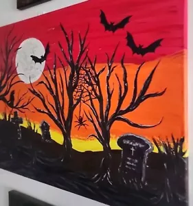 Halloween Cemetery Painting Folk Art on Canvas, Signed and ready to hang - Picture 1 of 6