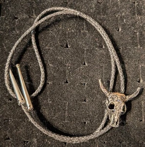Silver Tone Skull Cow head Bolo Tie with Black Cord 19" - Picture 1 of 2