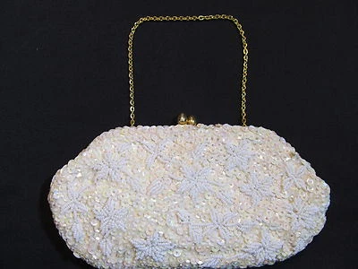 Vintage White Pearl Bead & Sequin Evening Purse w/ Gold Chain Handle - Image 1 of 4