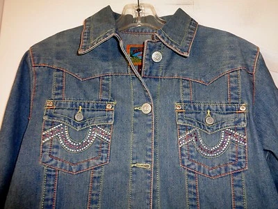 PARIS ANGEL RHINESTONE HORSESHOE POCKET DENIM JACKET SZ LARGE OR 38" CHEST - Image 1 of 4