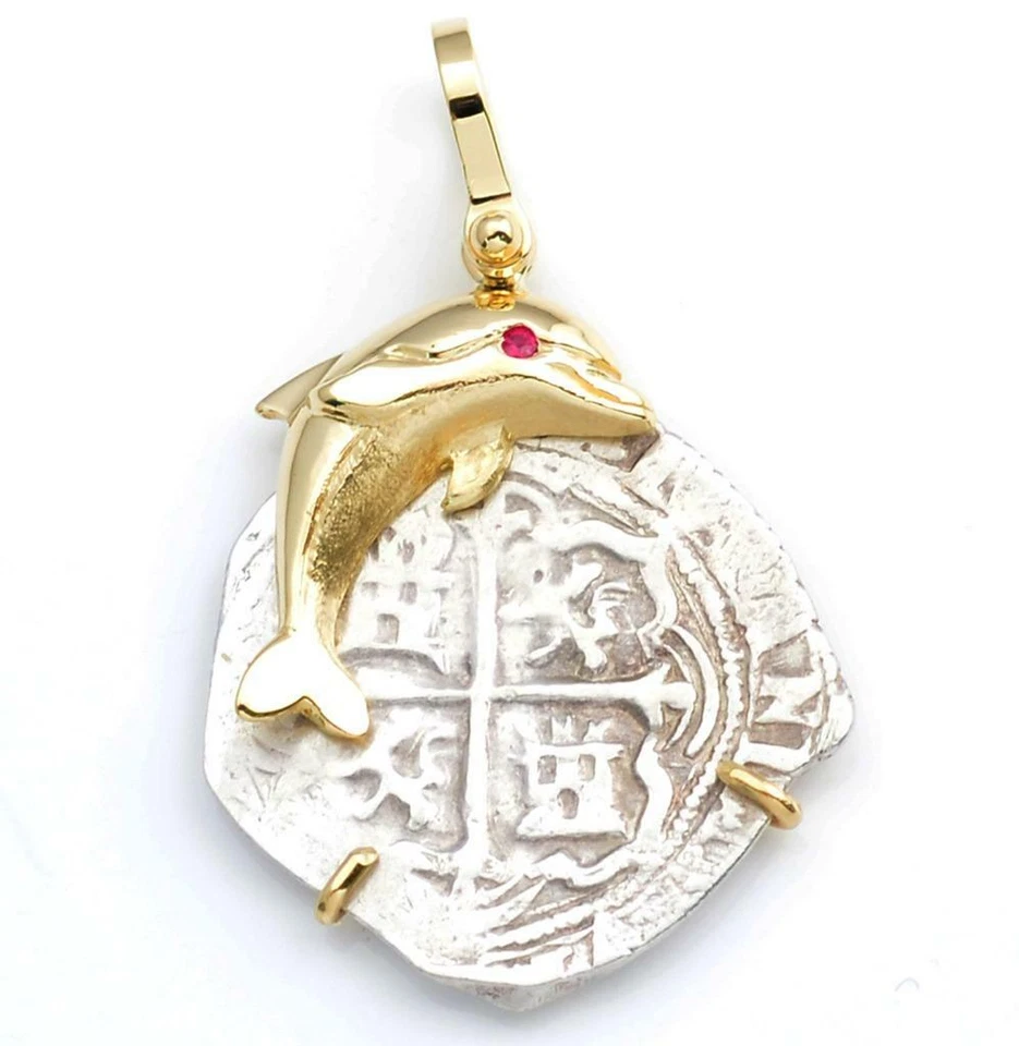 AUTHENTIC 1 Reale Cob Coin in Solid 14KT Dolphin Pendant  circa 1556-1598 - Image 1 of 1