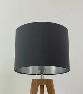 Lampshade Charcoal Grey Linen Cotton Blend Brushed Silver Drum Light Shade - Picture 1 of 14