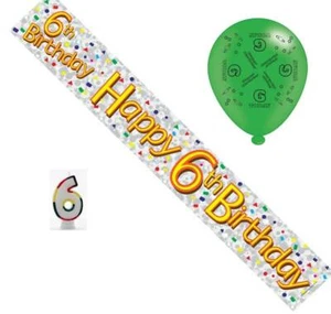 Paquete de fiesta de cumpleaños para niños de 6 años - 6a pancarta, globos, número de vela - Imagen 1 de 1
