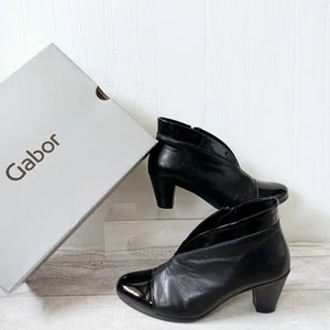 Zapatos botín de cuero Gabor talla 6 negro charol combo cono tacón tobillo - Imagen 1 de 18