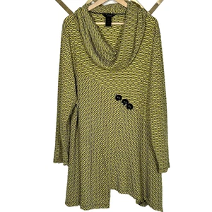 Ali Miles Tunic Top Size 3x Cowl Neck Green Black Button Asymmetric Hem Artsy - Picture 1 of 8