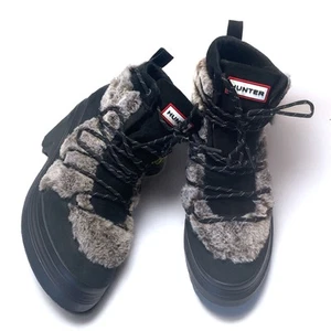 HUNTER NWT Waterproof Faux Fur Trimmed Lace Up Bootie in Black Size 11 - Picture 1 of 11