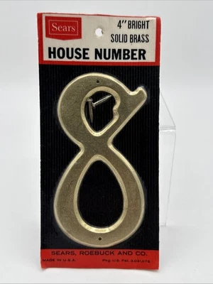 "Número de dirección de casa vintage de latón macizo de 4"" de alto Sears Roebuck (#8) nuevo sellado" Foto 1 de 4