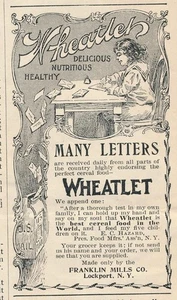 Anuncio de revista - 1897 - Franklin Mills Co., Lockport, NY - Cereal Wheatlet - Imagen 1 de 1