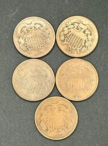 US Two Cent, Lot of 5-1864 (2), 1865 (2), 1866 - Picture 1 of 3