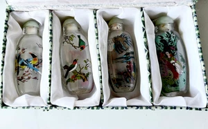 Vintage Boxed Set of 4 Chinese Reverse Painted Snuff Bottles, Birds & Geishas - Picture 1 of 5