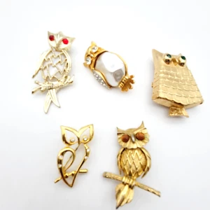Lote de 5 broches broches búho vintage estrás tono dorado bisutería - Imagen 1 de 12